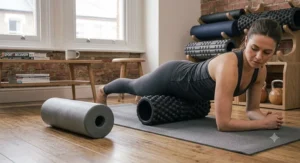 High density foam roller positioned under the upper back during a chest opener stretch.