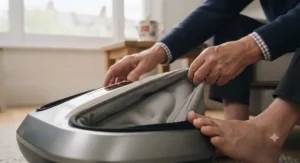 A close-up of a person checking the soft fabric lining and safety settings on a specialized foot massager for diabetics.