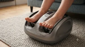 Close-up of feet resting comfortably inside a heated portable foot massager with visible control buttons.