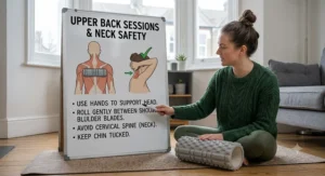 Step-by-step technique showing how to safely support your head while foam rolling the upper back.[cite: 3]