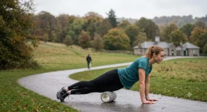 Side view of a female runner lying on a foam roller to target the IT band and outer thigh[cite: 4].