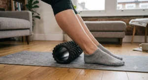 Calf myofascial release exercise using a black high density foam roller on a timber floor.