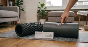 Cross-section visual comparing standard medium density and firm high density foam rollers side by side.