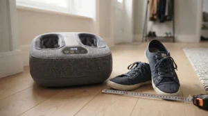 Lightweight compact foot massager shown next to a standard shoe for scale.