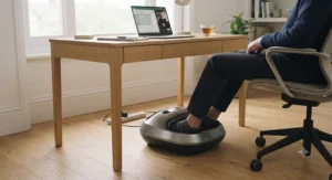 A compact foot massager for diabetics tucked neatly under a home-office desk while someone works from home.