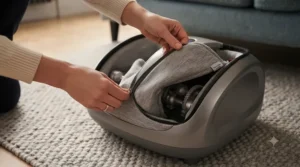 A person unzipping the washable fabric lining of a portable foot massager for easy cleaning and hygiene maintenance.