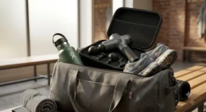 A compact massage gun packed inside a gym bag next to a water bottle and trainers.