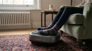 Compact under-desk foot massager set up beside a living room sofa for relaxation after a long day.