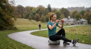 A hands-free posture showing a runner balanced on a foam roller to release quad and hip flexor tension[cite: 5].