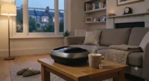 A cup of herbal tea next to a cosy foot massager for diabetics set up in a living room for an evening wind-down.