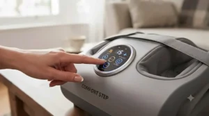 User pressing the LED control panel on a compact shiatsu travel foot massager to adjust heat and massage intensity settings.