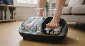 A side-by-side comparison graphic showing air compression and rolling nodes on a popular foot massager for diabetics.