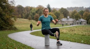 A hands-free exercise showing a runner kneeling on a vertical foam roller to treat shin splint pain[cite: 8].