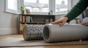Diagram comparing a smooth soft foam roller with a firm textured roller to help beginners choose the right density.[cite: 2]