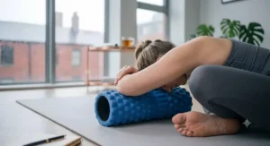 Demonstration of glute massage technique using a firm textured foam roller after a workout.