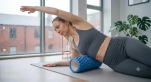 Post-workout recovery equipment including a blue textured foam roller, exercise mat, and water bottle.