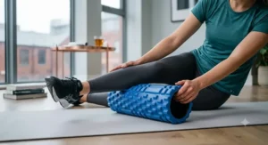 Close-up of a high-density textured foam roller targeting the upper back to relieve muscle tension.