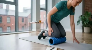 Person rolling out lower leg muscles using a textured foam roller for targeted deep tissue relief.