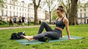 Runner using a textured travel foam roller on their calf muscles in a park.