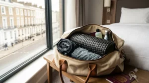 Compact travel foam roller packed inside carry-on luggage with gym gear for a weekend trip.