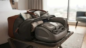 A compact portable foot massager packed neatly beside luggage in an open overnight travel bag.