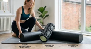 Comparison diagram illustrating smooth, grid-textured, and long foam roller types suitable for managing back pain and muscle tightness.
