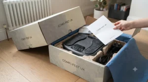 Unboxed under-desk foot massager unit alongside its UK 3-pin power adapter and user manual.