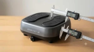 Diagram showing the low-profile height and dimensions of a portable under-desk foot massager for British home offices.