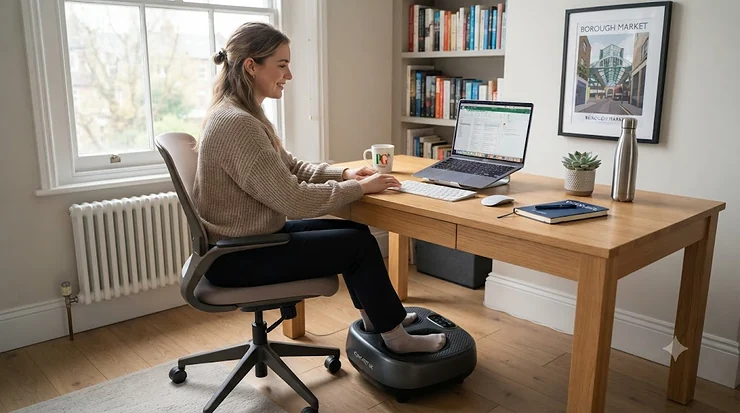 Ergonomic electric under-desk foot massager positioned under an office desk, showcasing its compact design for home working spaces. under-desk foot massager