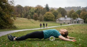 A female runner lying back over a smooth foam roller on the grass, opening up her upper back[cite: 6].