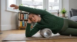 Side-lying position to target upper back and shoulder tightness using a soft foam roller.[cite: 10]