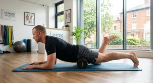 Athlete using a vibrating foam roller under calves and hamstrings for post-run muscle tension relief.