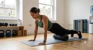 Man lying on a gym mat using a vibrating foam roller for lower back and glute myofascial release.