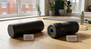 Diagram illustrating low to high intensity speed levels on a rechargeable vibrating foam roller.