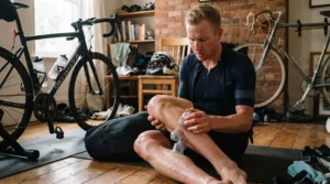 A road cyclist applying a cupping set for muscle recovery to tight calves after a long training ride indoors.