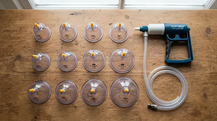 A neatly organised home cupping set for muscle recovery displayed on a wooden table next to a folded towel.