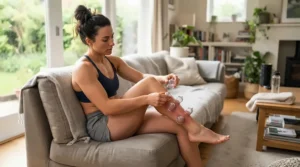 An athlete relaxing in a modern living room after a workout, using a cupping set for muscle recovery on their calf.