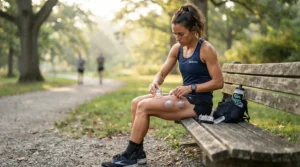 A marathon runner sitting on a wooden bench outdoors, using a cupping set for muscle recovery on tired thighs.