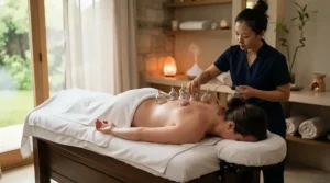 A person lying face down on a treatment table while a therapist applies a cupping set for muscle recovery to the upper back.