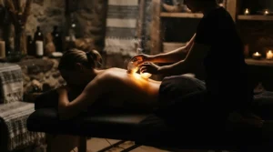 An illustration blending ancient recovery techniques with a modern silicone cupping set for muscle recovery on a back.