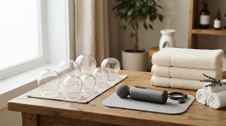 Flat lay of equipment for cupping therapy vs percussion massage for recovery on a wooden table