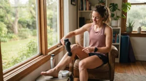 Long-distance runner assessing cupping therapy vs percussion massage for recovery post-run