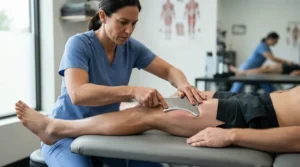 Physiotherapist using a curved IASTM tool set for physiotherapy on a runner's thigh muscle