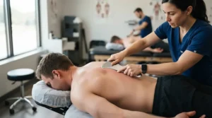 Therapist applying an IASTM tool set for physiotherapy to address myofascial adhesions in the back