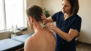 Detailed view of an IASTM tool set for physiotherapy being used on the neck and trapezius muscles