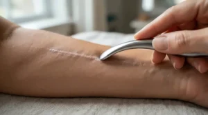 Specialist using an IASTM tool set for physiotherapy for targeted scar tissue treatment on a forearm