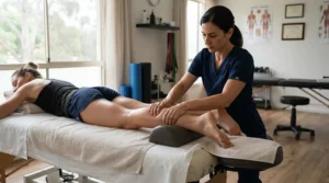 Athlete receiving treatment with an IASTM tool set for physiotherapy in a sports injury rehabilitation centre