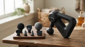 Various attachment heads laid out next to a high-performance percussion massage gun