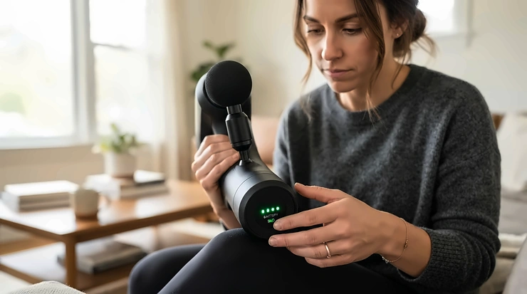 Checking the battery run-time indicator on a sleek percussion massage gun before a workout