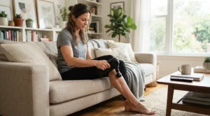 Using a percussion massage gun for home use relaxing in a cosy British living room